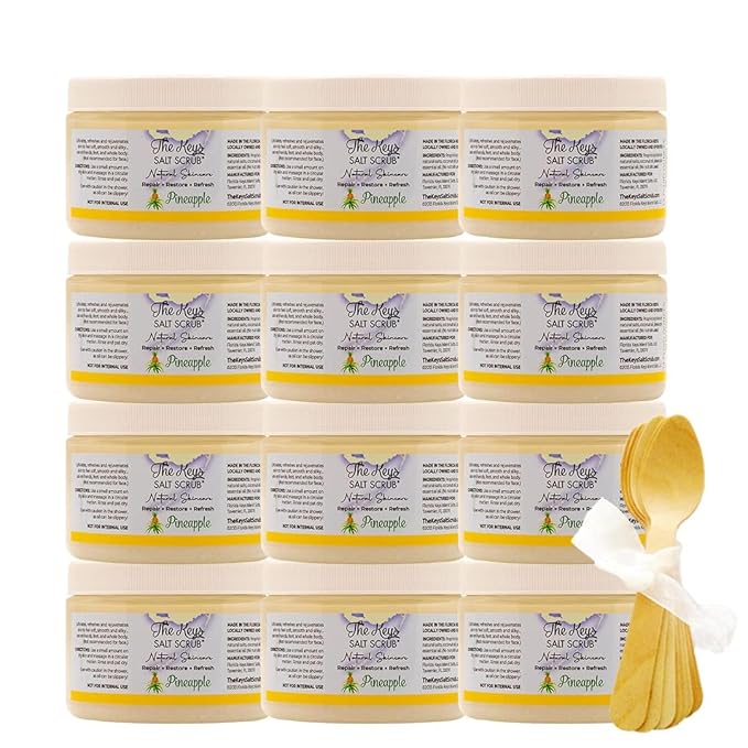 The Keys Salt Scrub -Sea Salt Scrub - Exfoliating Body Scrub with Wooden Spoon - Moisturizing Exfoliator for Hands, Foot, Bath, (12 Ounce (Pack of 12), Pineapple)