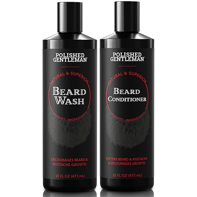 Polished Gentleman Beard Wash and Conditioner Set - Softens and Strengthens - Beard Shampoo with Growth Oil - Moisturizer & Beard Thickener - Tea Tree Unscented - Paraben-Free & Sulfate-Free (16oz)