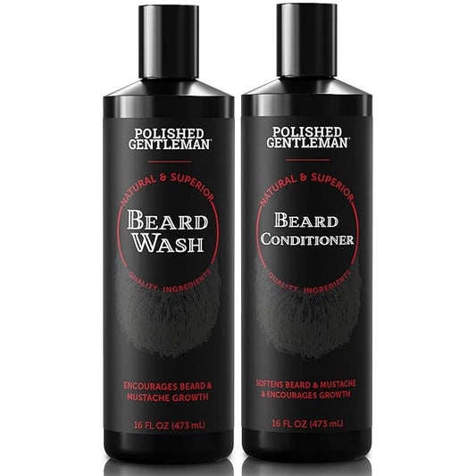 Polished Gentleman Beard Wash and Conditioner Set - Softens and Strengthens - Beard Shampoo with Growth Oil - Moisturizer & Beard Thickener - Tea Tree Unscented - Paraben-Free & Sulfate-Free (16oz)