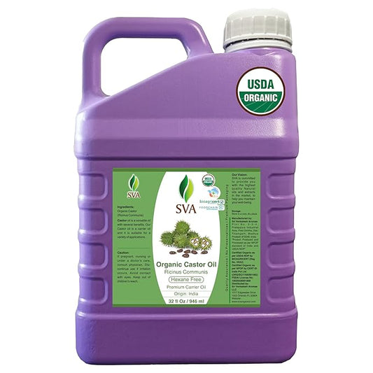 SVA Castor Seed Oi Organic - 32 Fl Oz – 100% Natural Cold Pressed Organic Castor Oil - for Face, Skin Care, Hair Care, Scalp Massage & Body Massage