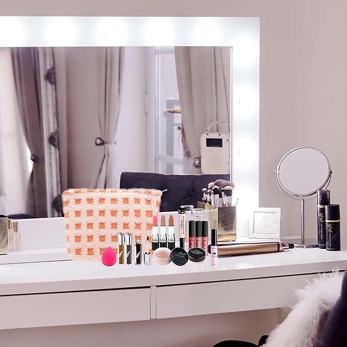 Makeup Bags for Purse Zipper Cosmetic Pouch Large Travel Make Up Organizer Tool Pouch for Women and Girls,Fleece Pink