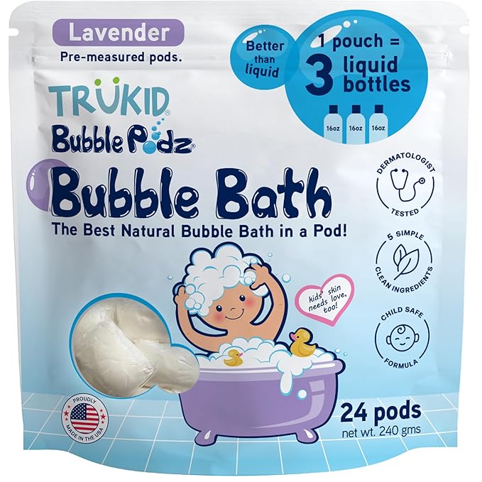 TruKid Bubble Podz Bubble Bath for Kids, Toddlers, & Babies, Tear Free Gentle & Refreshing Bath Bomb for Sensitive Skin with Natural Moisturizers, Non-Toxic, pH Balanced, Lavender Scent (24 Podz)