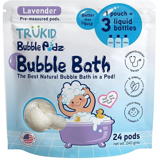 TruKid Bubble Podz Bubble Bath for Kids, Toddlers, & Babies, Tear Free Gentle & Refreshing Bath Bomb for Sensitive Skin with Natural Moisturizers, Non-Toxic, pH Balanced, Lavender Scent (24 Podz)
