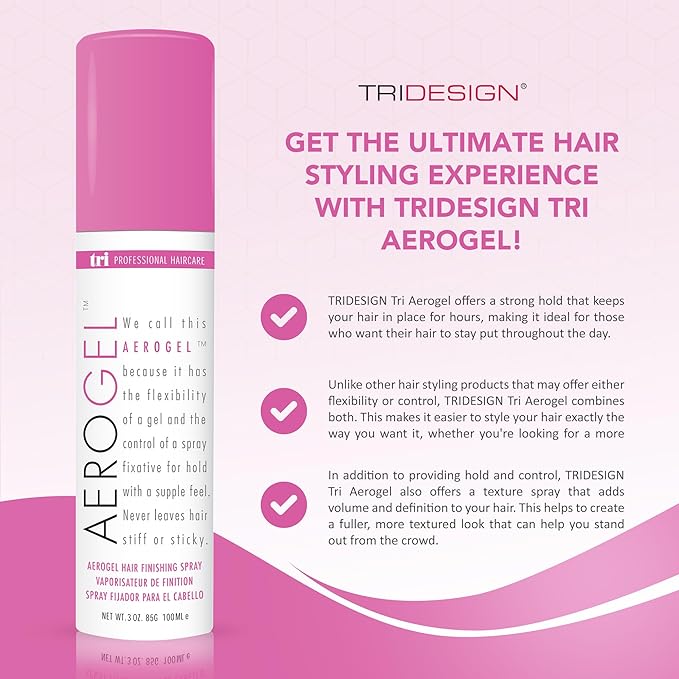 TRIDESIGN Aerogel Hairspray - Strong Hold Hair Finishing Spray for Volumizing & Control, Flexible Styling for All Hair Types, Non-Sticky and Scented - For Women and Men - Travel Size Pack of 3 (3 Oz)