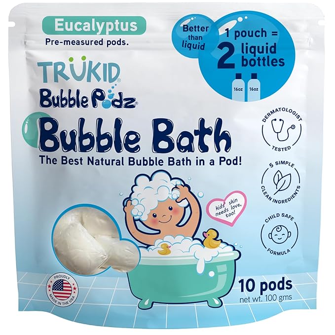 TruKid Bubble Podz Bubble Bath for Kids, Toddlers, & Babies, Tear Free Gentle & Refreshing Bath Bomb for Sensitive Skin with Natural Moisturizers, Non-Toxic, pH Balanced, Eucalyptus Scent (10 Podz)
