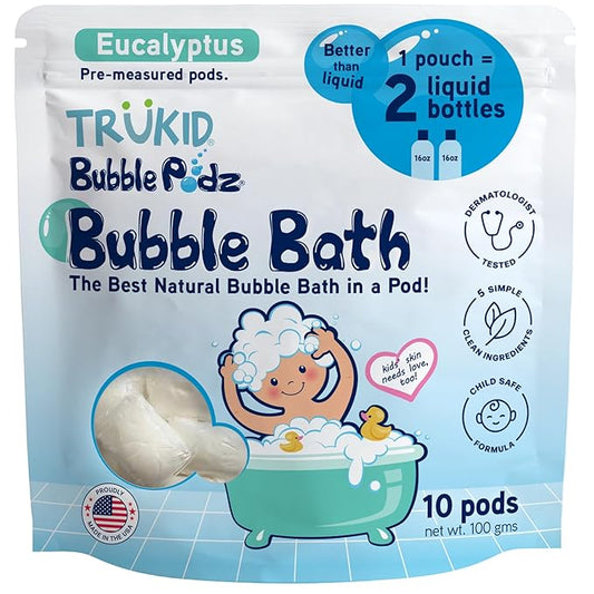 TruKid Bubble Podz Bubble Bath for Kids, Toddlers, & Babies, Tear Free Gentle & Refreshing Bath Bomb for Sensitive Skin with Natural Moisturizers, Non-Toxic, pH Balanced, Eucalyptus Scent (10 Podz)