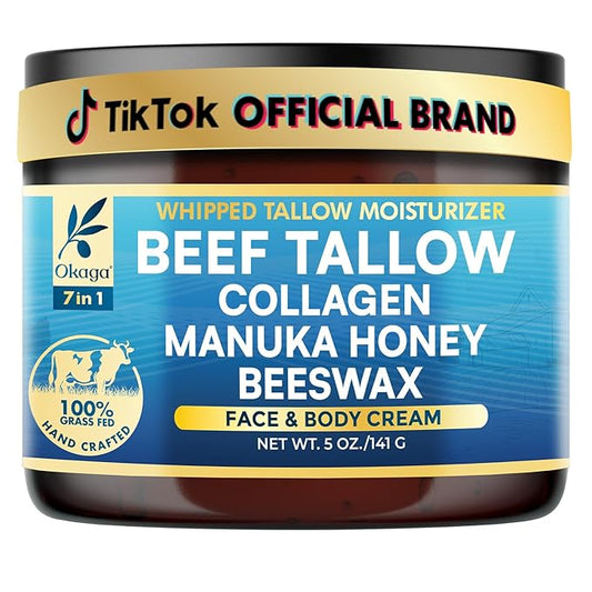 Organic Beef Tallow for Skin, Organic Grass-Fed Beef Tallow Balm with Manuka Honey, Aloe Vera, Jojoba Oil, Collagen & Beeswax, Olive Oil, Moisturizer for Dry Skin, Nourishes Face, Body & Lips (5oz)