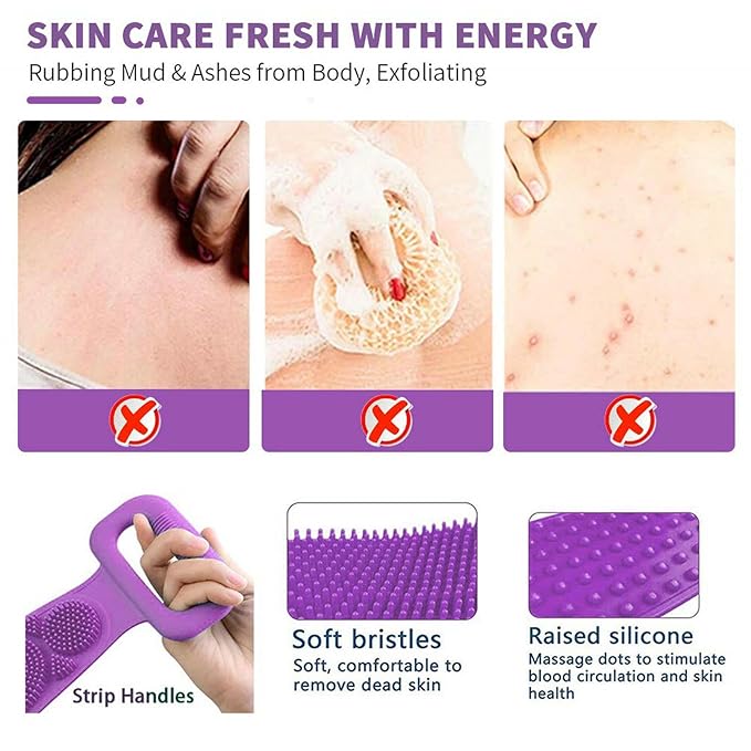 Silicone Back Scrubber for Shower, Silicone Body Scrubber, 35 Inch Extra Long Bath Body Brush Back Brush Exfoliating Body Scrubber with Handle for Men Women