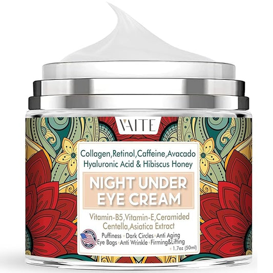 Under Eye Cream with Collagen, Retinol, Caffeine, Avacado Hyaluronic Acid & Hibiscus Honey for Night and Day with Vitamin B5, E for Puffiness Circles Anti Aging Eye Bags and Anti Wrinkle
