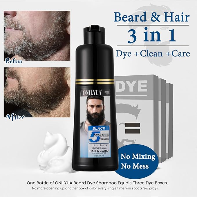 Men's Beard Dye for Men in 5 Minutes, Black Beard Dye Shampoo for Mustache 100% Gray Coverage, Root Touch Up, 3 in 1 Simpler Hair Color for Men, Long Lasting Black Dye Shampoo for Facial Hair, 200 ml