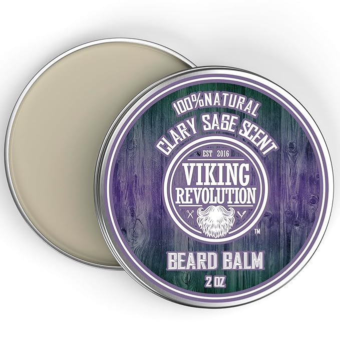 Viking Revolution Clary Sage Beard Balm - Beard Butter with Argan Oil, Beard Softener for Men with Jojoba Oil - Beard Moisturizer for Men with Beeswax - Beard Wax for Men (2oz, 1 Pack)