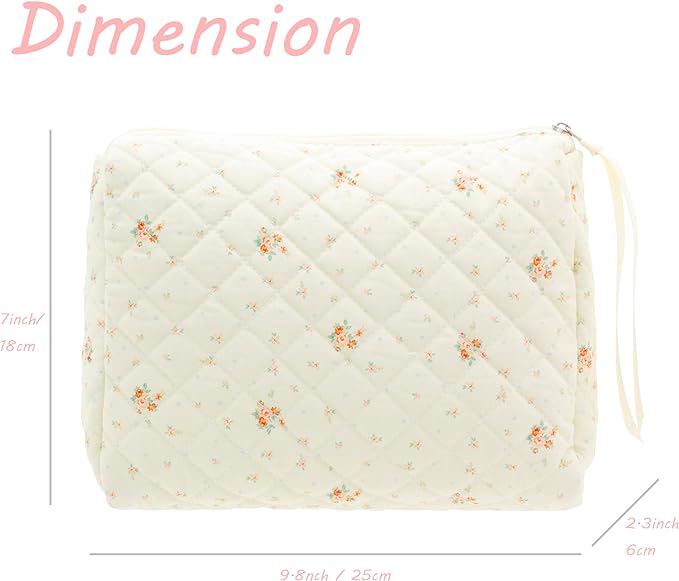 PAZIMIIK Quilted Makeup Bag Large Travel Zipper Soft Cosmetic Pouch for Women Girls Make Up,Floral White