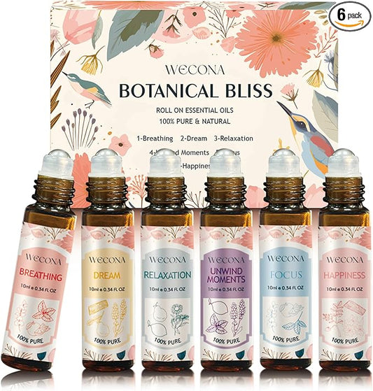 Aromatherapy Essential Oil Roll-On Set – 6x10ml Essential Oil Blends with Roller Bottles, Portable Essential Oils for Diffusers for Home,Relaxing Gift for Women & Men
