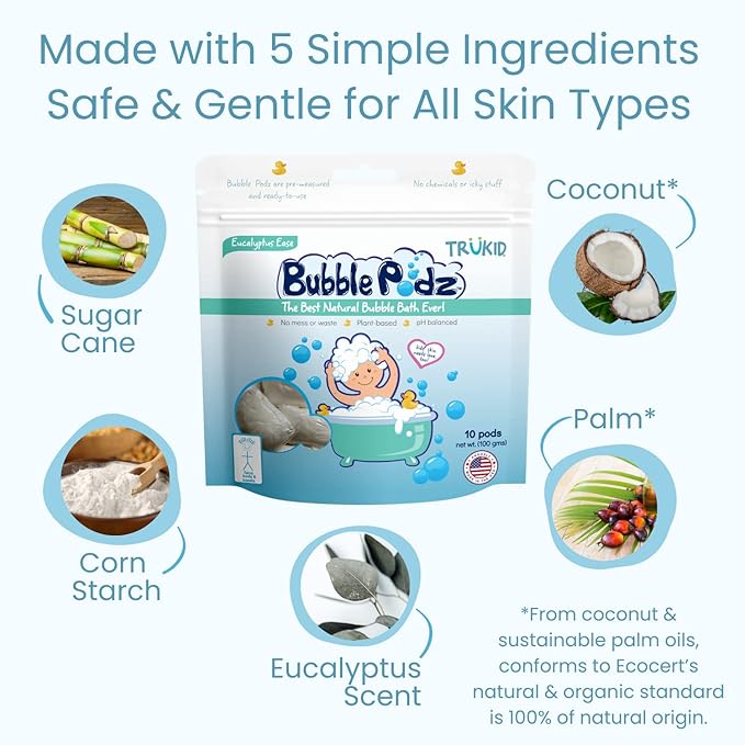 TruKid Bubble Podz Bubble Bath for Kids, Toddlers, & Babies, Tear Free Gentle & Refreshing Bath Bomb for Sensitive Skin with Natural Moisturizers, Non-Toxic, pH Balanced, Eucalyptus Scent (60 Podz)