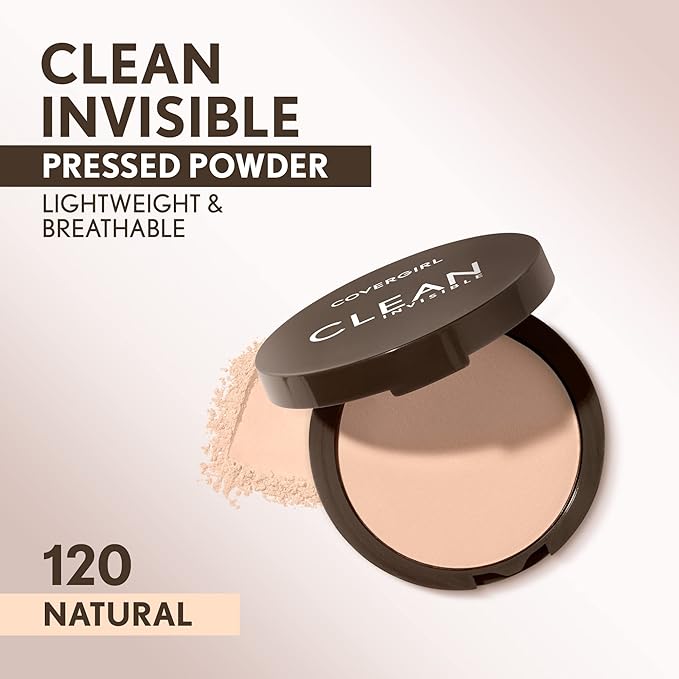 Covergirl Clean Invisible Pressed Powder, Lightweight, Breathable, Vegan Formula, Creamy Natural 120, 0.38oz (Pack of 2)