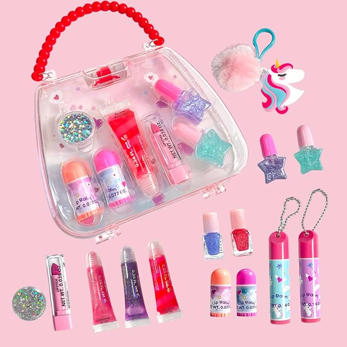 M&U 13Pcs Lip Balm and Nail Polish Gift Set for Kids Age 6-12, Abssorted Favors Moisturizing Lip Care Balm Tubes for Girls and Women, Washable Real Makeup Safe & Non-Toxic