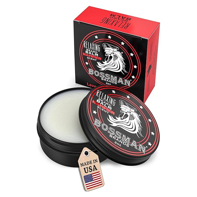 Bossman Relaxing Beard Balm - Beard Tamer, Relaxer, Thickener and Softener Cream - Made in USA (Hammer Scent)