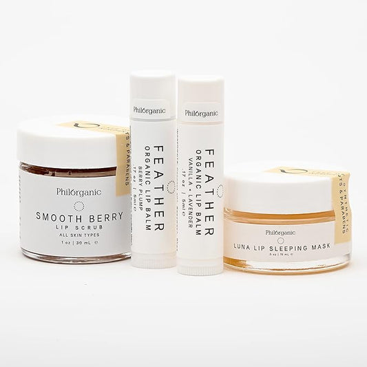 Philorganic Sustainable Lip Care Kit- 4 Pc Organic Gift Set Includes Lip Scrub, Mask, & 2 Balms - Self-Care Spa Moment or Gift - Small Batch USA Made