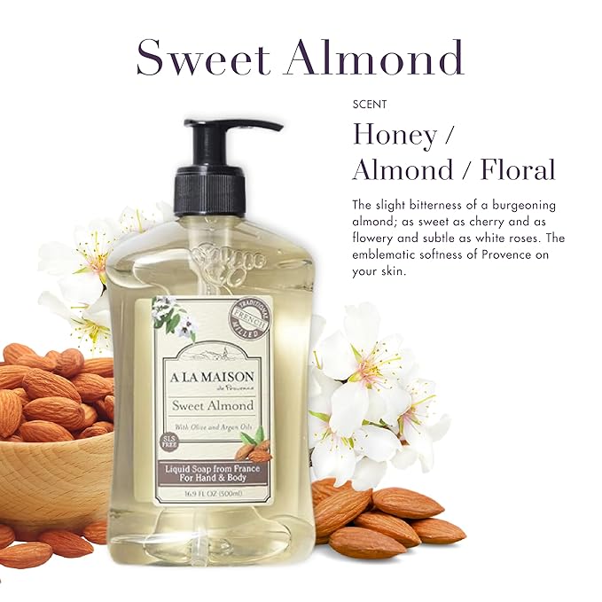 A LA MAISON de Provence Sweet Almond Liquid Hand and Body Soap (Pack of 2) With Coconut Oil, Argan Oil and Vitamin E, 16.9 fl oz Each