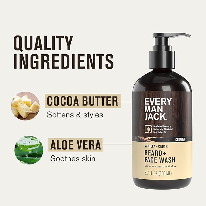 Every Man Jack Beard + Face Wash - Vanilla & Cedar Fragrance - Cleans & Softens Your Beard and Skin - Naturally Derived w/Aloe and Glycerin- 6.7 fl oz - 2 Pack