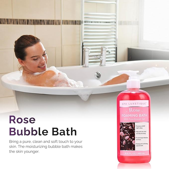 Bubble Bath, Spa Luxetique Foaming Bath for Women with Pure Epsom Salt, Bath Sets Rose and Chamomile Scent, Moisturizing and Relaxing Spa Gifts for Mom, 33.2 Oz (2 Pack)