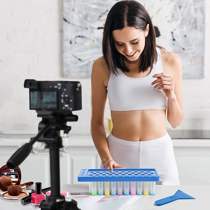 RONRONS Lip Balm Crafting Kit, Professional Lipsticks Filling Tray with 50 Small Holes and Spatula, Easy to Fill 50 Pieces Lipstick Tubes Containers for Business Gifts, Blue