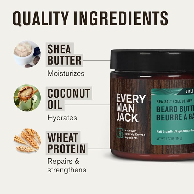Every Man Jack Beard Butter- Subtle Sea Salt Fragrance - Hydrates and Styles Dry, Unruly Beards While Relieving Itch - Naturally Derived with Shea Butter and Coconut Oil - 4-ounce (2 Pack)
