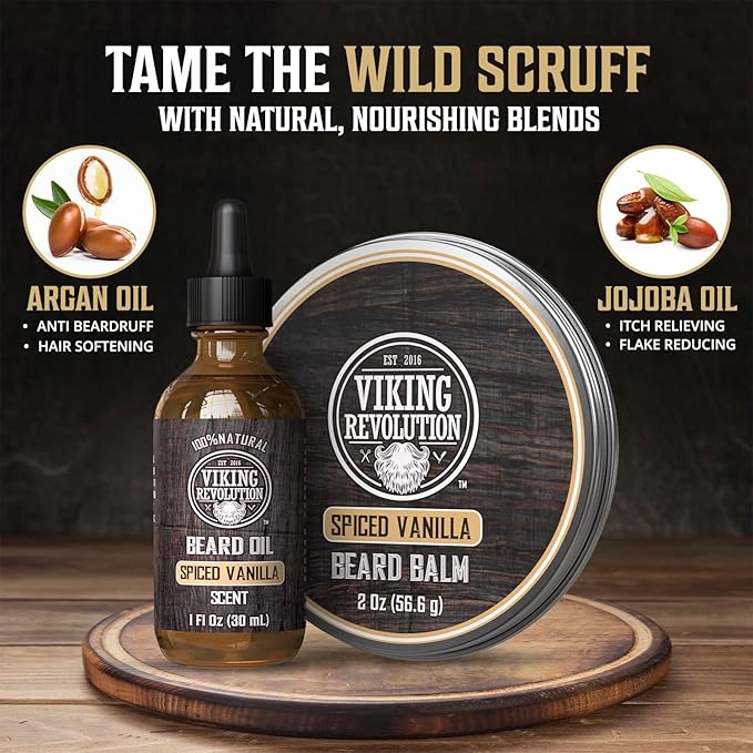 Viking Revolution Spiced Vanilla Beard Balm for Men (2oz) and Beard Oil (1 fl oz) Kit - With Argan and Jojoba Oils - Soften and Moisturize - Stocking Stuffers for Men