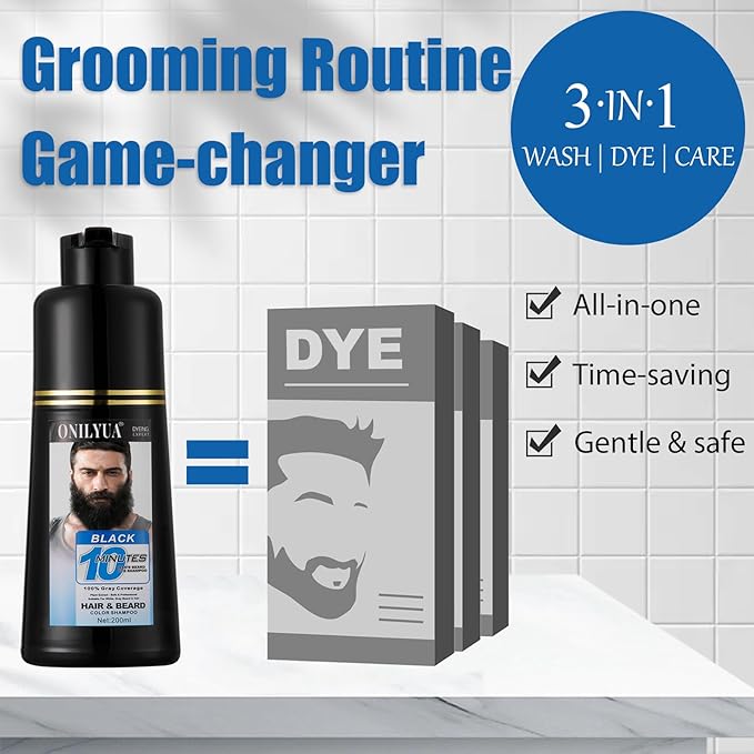 Men's 3-in-1 Black Beard & Hair Dye Shampoo, Instant Grey Darkening Beard Color Shampoo in 10 Minutes, Simpler Gray Reducing Mustache & Beard Dye for Men, with Plant Extract for Healthy Facial Hair