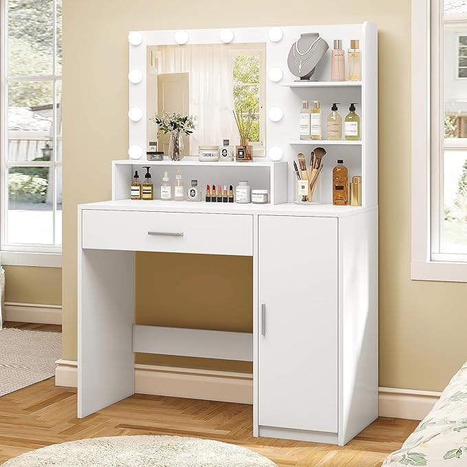 Quimoo Makeup Vanity Desk with Mirror & Lights, Vanity Desk with 5 Drawers & Storage Shelves, Vanity Table, 3 Color Modes & Adjustable Brightness Dressing Table, Bedroom, White