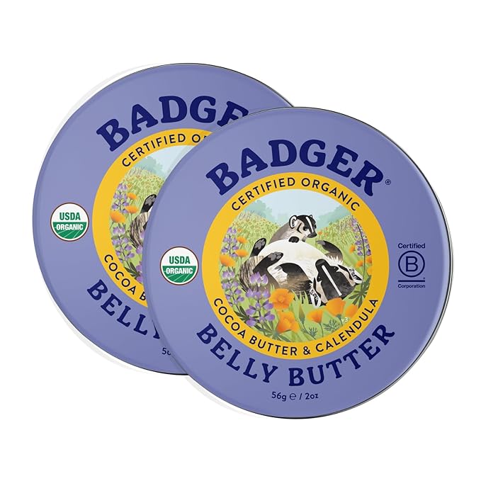 Badger Belly Butter, Organic Stretch Mark Cream for Pregnant Belly, Rich Hypoallergenic Moisturizing Organic Cocoa Butter & Coconut Body Butter for Women, 2 oz Tin, 2-Pack