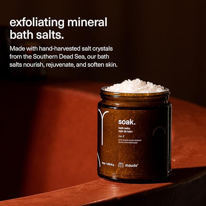 Maude No. 2 Bathtime Bundle - Soak Mineral Bath Salts with Hand-Harvested Dead Sea Salt Crystals and Vitamins (8 oz) + pH Balanced Gentle Body Wash Bubble Bath with Vitamin B3, B5, C, and E (12 oz)