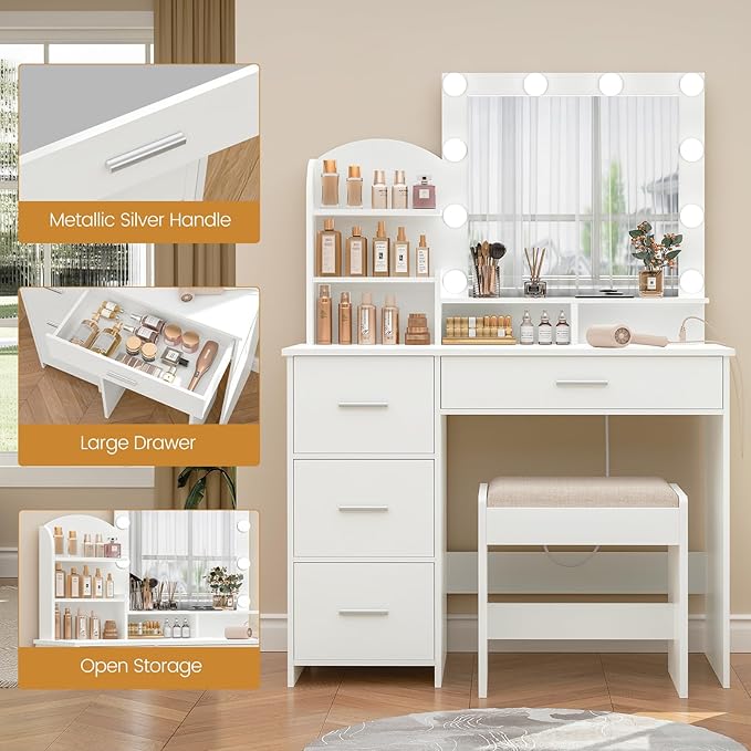 Quimoo Makeup Vanity with 10 Light Bulbs and Charging Station, Vanity Desk with Lighted Mirror & 4 Drawers, Vanity Table Set with Cushioned Stool, White