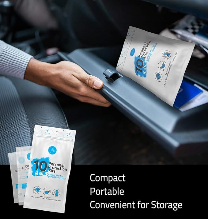 All-in-One Personal Protection Kits to GO - 10 Pack - With Plastic Gloves, Hand Cleansing Wipes, Disposable Face Mask