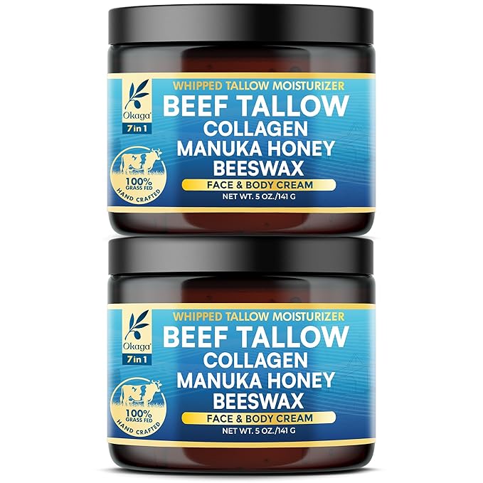 Organic Beef Tallow for Skin, Organic Grass-Fed Beef Tallow Balm with Manuka Honey, Aloe Vera, Jojoba Oil, Collagen & Beeswax, Olive Oil, Moisturizer for Dry Skin, Nourishes Face, Body & Lips (2 Pack)