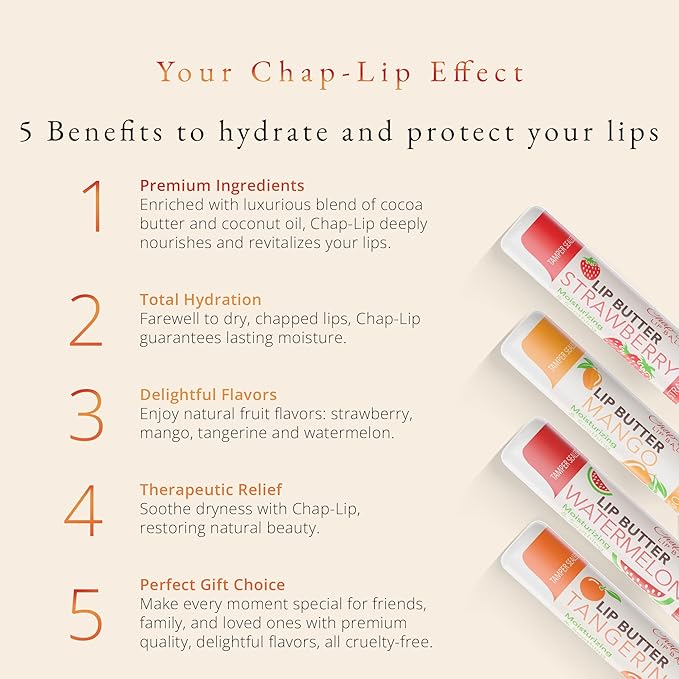CHAP-LIP Lip Balm 60 Ct. with Fruit Flavors, Cocoa Butter, Coconut Oil | Moisturizing Vitamin E & Total Hydration Treatment & Soothing Lip Therapy (60 Ct Pack of 12)