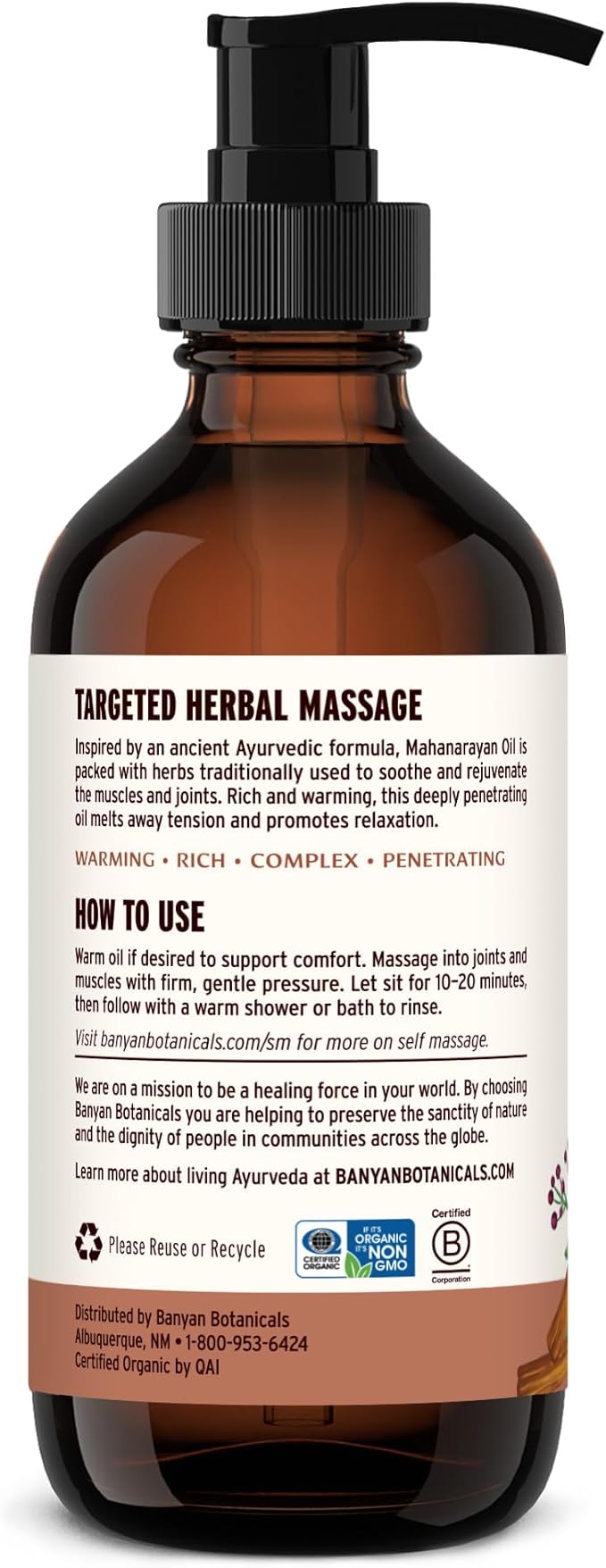 Banyan Botanicals Mahanarayan Oil – 99% Organic Ayurvedic Massage Oil – Penetrating Herbal Oil Used to Warm, Comfort, and Soothe Joints and Muscles – 8 oz. – Non GMO Sustainably Sourced Abhyanga Oil