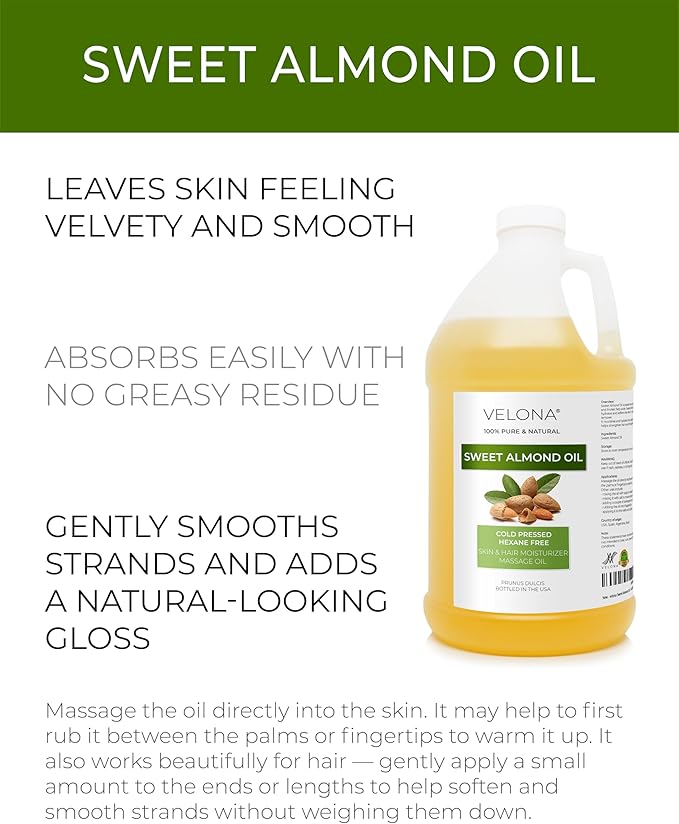 velona Sweet Almond Oil - 64 Fl Oz | 100% Pure and Natural Carrier Oil |Cold Pressed | Skin, Hair, Body & Face Moisturizing | Use Today - Enjoy Results…