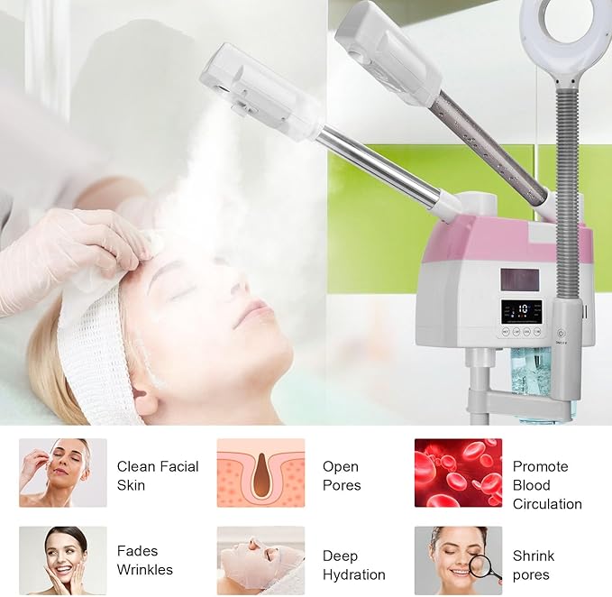 Professional Facial Steamer, 3 in 1 Facial Steamer with 5X Magnifying Lamp Hot&Cool Mist, Esthetician Steamer on Wheels, Stand Face Steamer with Time Setting for Home Salon Spa