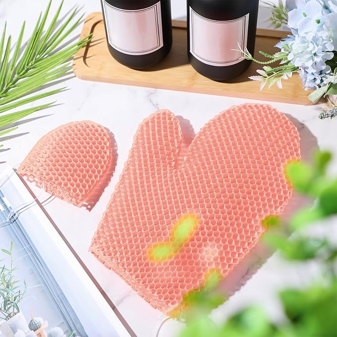 Karenhi 2 Pcs Honeycomb Exfoliating Glove Set Exfoliating Bath Mitt Honeycomb Face and Body Scrubber Shower Mitt for Cleaning Body Shower Face Skin Beauty Spa, Quick Drying(Pink)