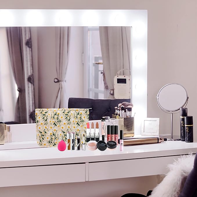 Makeup Bags for Purse Zipper Cosmetic Pouch Large Travel Canvas Make Up Organizer Tool Pouch for Women and Girls,Daisy White