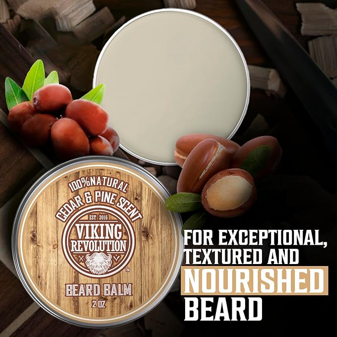 Viking Revolution Cedar & Pine Beard Balm - Butter with Argan Oil, Softener & Moisturizer for Men - Wax for Beards (2oz, 1 Pack)