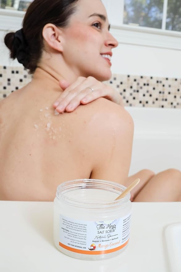 The Keys Salt Scrub -Sea Salt Scrub - Exfoliating Body Scrub with Wooden Spoon - Moisturizing Exfoliator for Hands, Foot, Bath, (12 Ounce (Pack of 1), Mango Coconut)