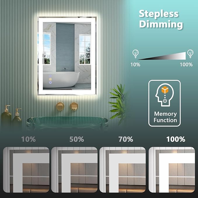 20"x 28" LED Bathroom Mirror, 3 Colors Vanity Mirror with Lights, Front and Backlit Bathroom Mirror with Lights, LED Smart Mirror for Bathroom, Tempered Glass, Anti-Fog, Stepless Dimmable, Memory