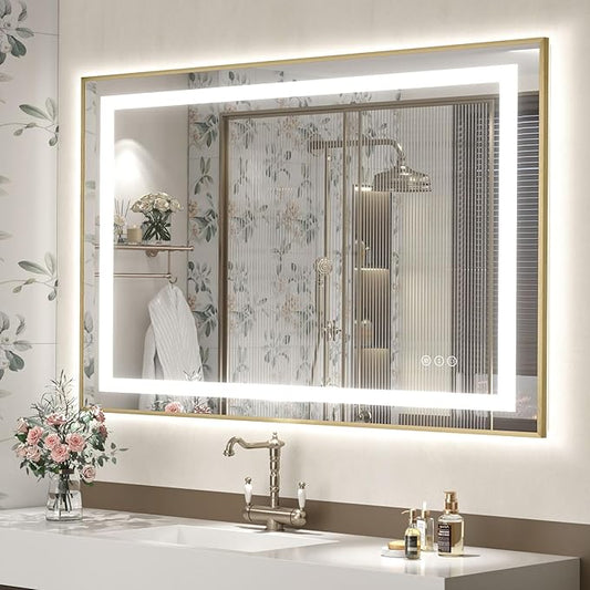 OKPAL 44x32 Gold Lighted Bathroom Mirror with Lights, Frontlit & Backlit LED Bathroom Mirror, Lighted Vanity Mirror, Anti-Fog, Dimmable 3 Colors, Shatterproof, Horizontal/Vertical