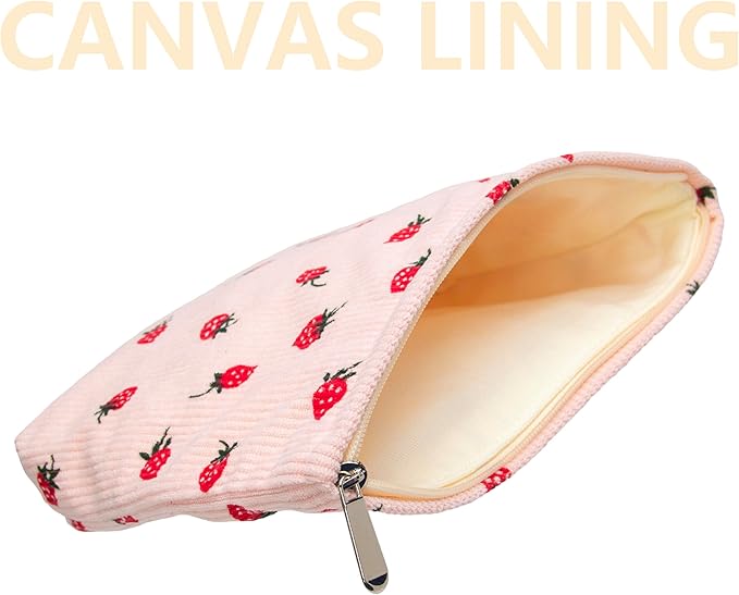 Makeup Bag Large Cotton Zipper Pouch for Purse Travel Canvas Make Up Organizer for Women Cosmetic,Strawberry Pink