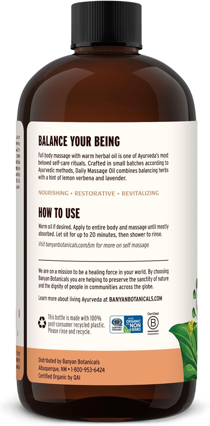 Banyan Botanicals Daily Massage Oil – Organic Ayurvedic Massage Oil – Balancing and Grounding – 24 oz – Non GMO Sustainably Sourced