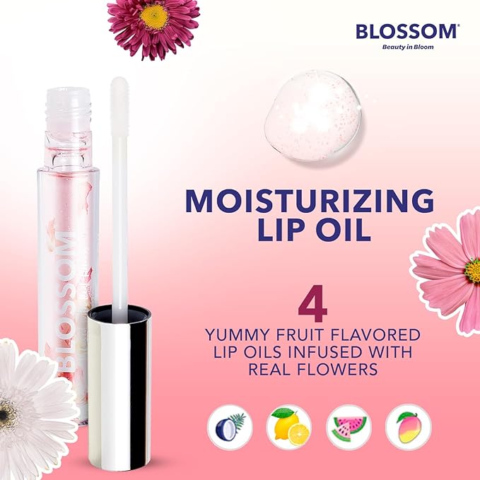 Blossom Moisturizing and Hydrating Shimmer Sparkle Lip Oil with Olive Oil + Grape Seed Oil, Infused with Real Flowers, 3g, Watermelon