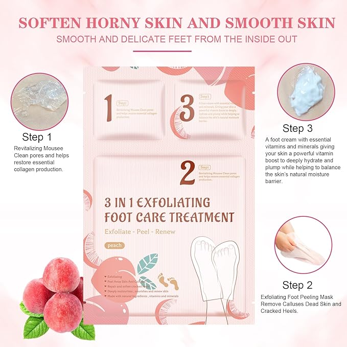 3-in-1 Foot Peel Mask Kit – Exfoliating Foot Care Treatment with Cleansing Mousse, Peeling Socks & Hydrating Cream (Peach Extract) for Dry Cracked Heels, Calluses & Dead Skin 2pcs