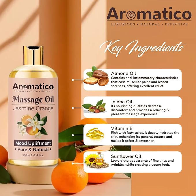 Massage Oil with Jasmine & Orange Essential Oils – Infused with Sesame, Almond & Jojoba Oils – Full Body Massage Oil for Relaxation – for Men & Women – 10 Fl Oz